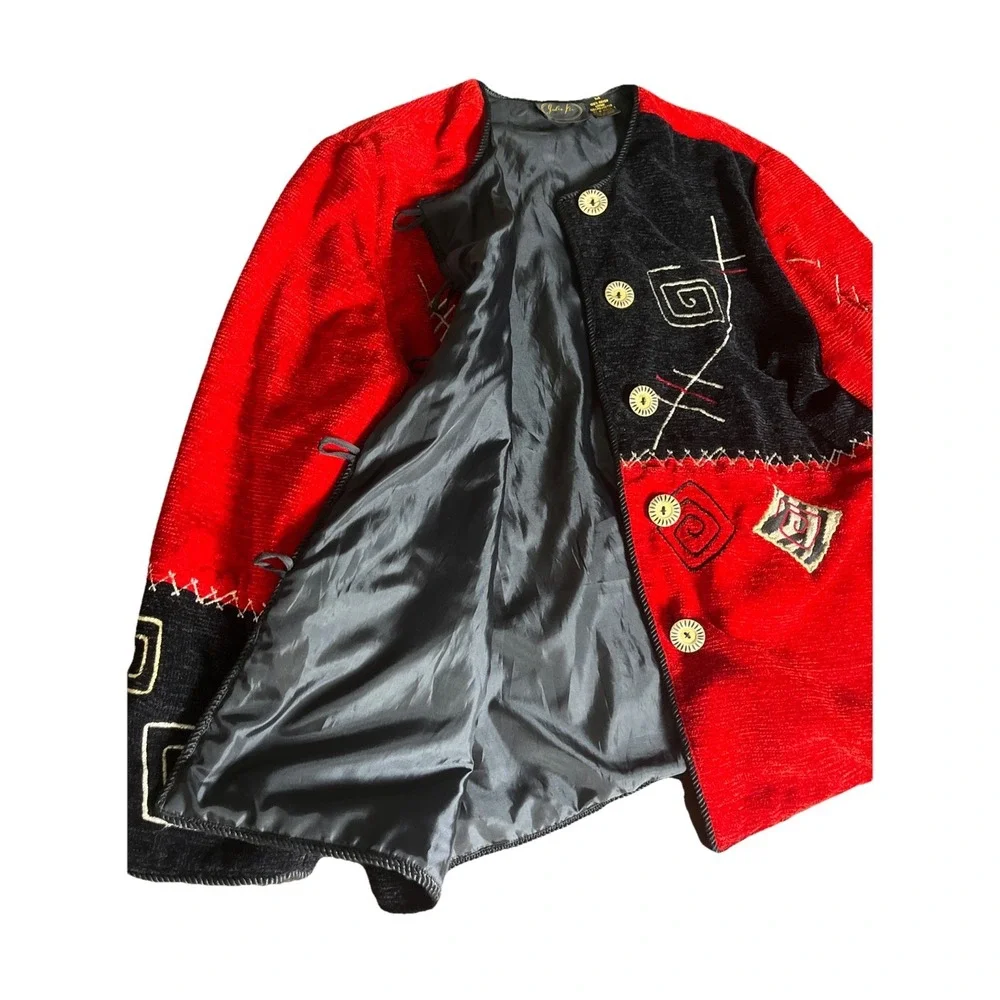 Julia Fu Women's Medium Red Black Art To Wear Jacket Embroidered Boho Vintage